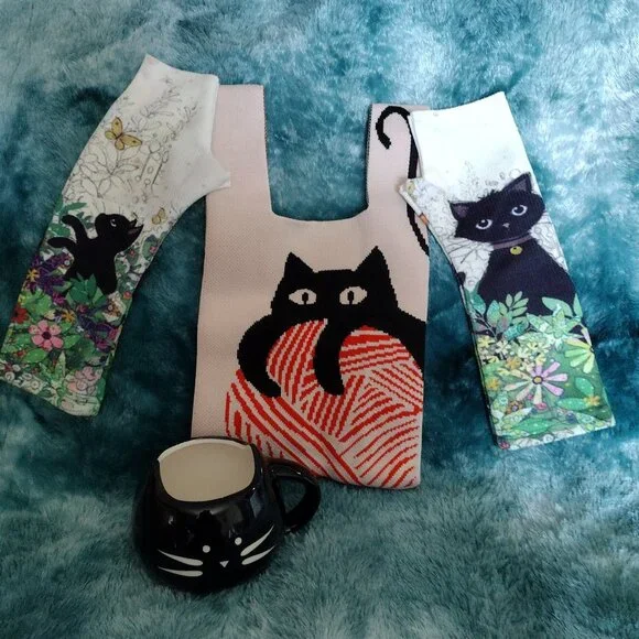 Cat Lover Gift Bundle Cat Mug Mini Knit Cat Bag Cat Print Gloves Cozy Cute Set - Picture 2 of 6